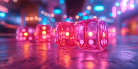 Poster - Neon-Lit Dice on Pastel Surface Surreal Retro Gaming Aesthetic
