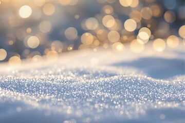 Poster - Sparkling snow surface with golden bokeh lights in soft focus.