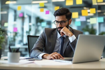 Aufkleber - Thoughtful businessman in formal attire working on a laptop in a modern office with colorful sticky notes in the background.