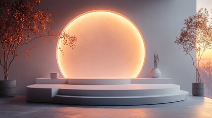 Poster - A futuristic 3D podium with a glowing circular design serves as a high-tech stage for a product display in a modern studio setting, HD image