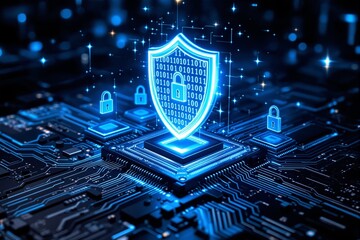 Aufkleber - Cybersecurity concept with illuminated shield and locks on digital circuit board background.