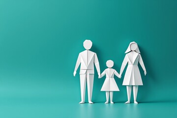 Poster - Minimalistic paper family figures on teal background.