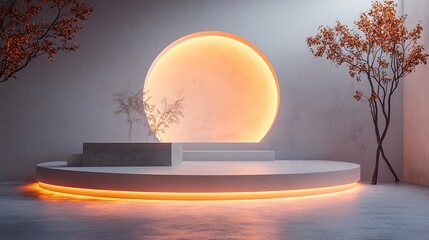 Poster - A futuristic 3D podium with a glowing circular design serves as a high-tech stage for a product display in a modern studio setting, HD image