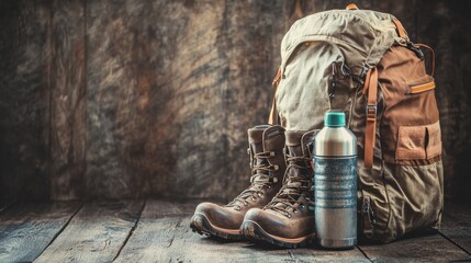 Poster - Essential backpackers gear including a hiking backpack, boots, and a water bottle arranged on a rustic wooden surface. Generative AI