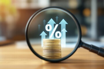 Poster - Stacked coins under magnifying glass with percentage symbol and upward arrows on blurred background. Concept of growth, finance, economy.