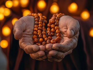 Poster - Tranquil Devotion Close-Up of Prayer Beads in Weathered Hands with Glowing Lanterns