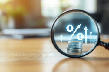 Poster - Focused magnifying glass on stacked coins with percentage symbol and upward arrows in blurred background. Financial growth concept.