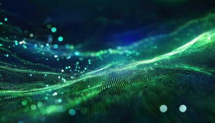 Aufkleber - Dynamic Green Digital Wave with Glowing Particles and Abstract Grid Background for Technology Visuals, Data Flow Concepts, or AI Interfaces
