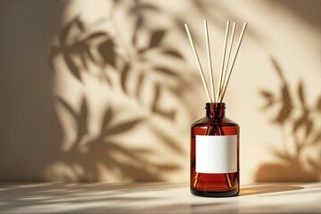 Aufkleber - Aromatherapy reed diffuser bottle with blank label on beige background with natural leaf shadows.