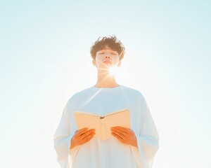 Poster - Dreamy Pastel Storytime Korean Man in Soft Glow with Open Book