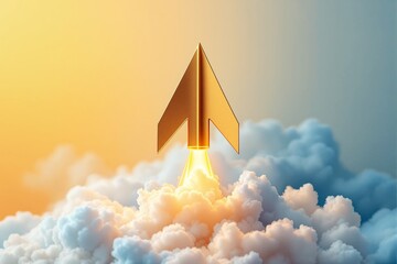 Poster - Golden rocket launching above fluffy clouds with vibrant gradient background.