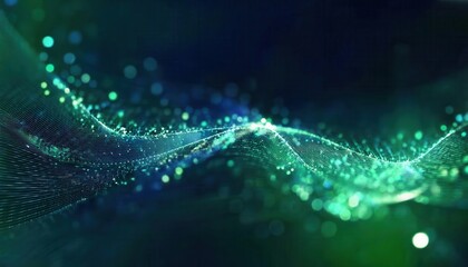Aufkleber - Dynamic Green Digital Wave with Glowing Particles and Abstract Grid Background for Technology Visuals, Data Flow Concepts, or AI Interfaces