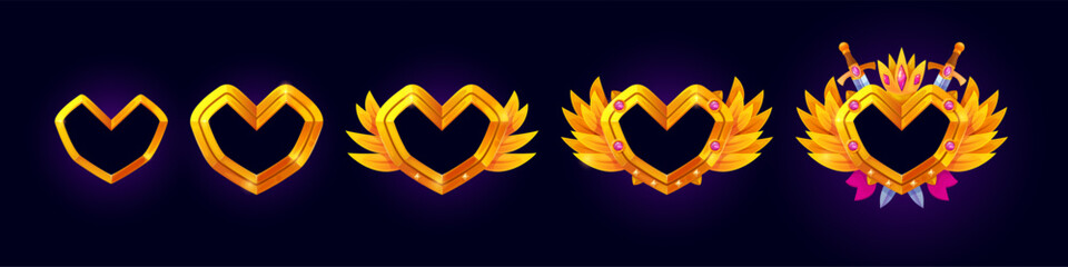 Wall Mural - game avatar heart frames. user level up progress border, rank badge golden frame love valentine symb