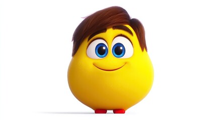 Animated character, round, yellow, happy expression, large eyes, brown hair.