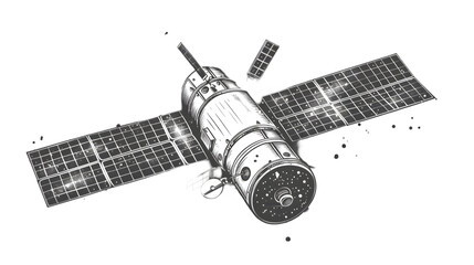 Wall Mural - Hand drawn halftone satellite. Space vector design element isolated on a transparent background