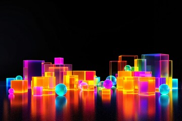 Wall Mural - Neon-colored transparent cubes and spheres glowing on dark background.