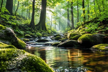 Poster - Lush green forest with sunlight streaming through trees and moss-covered rocks along a tranquil stream.