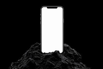 Poster - Smartphone mockup with blank screen on black rocky surface and dark background.