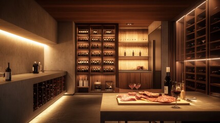 Poster - Elegant wine cellar with vintage bottles and a tasting table featuring red wine and charcuterie. Generative AI