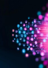 Poster - Futuristic Neon Grid with Data Flow and Digital Icons for Modern Governance