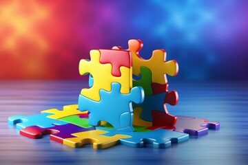 Poster - Vibrant puzzle pieces fitting together, symbolizing teamwork, problem solving, and connection on a reflective surface
