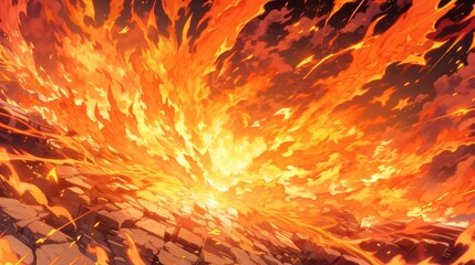 Poster - Fiery Anime Lava Burst, a dynamic backdrop featuring vibrant flames and molten lava, creating an intense atmosphere filled with energy and excitement.