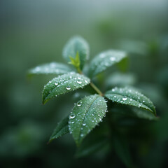 Wall Mural - Close-up of dew-covered leaves with soft, blurred background.