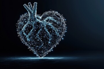 Poster - A digital heart design made of interconnected particles, symbolizing love, technology, and innovation against a dark background.