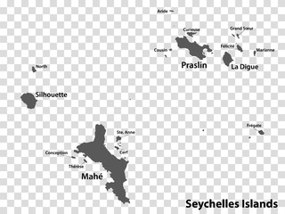 blank map seychelles islands in gray. every island map is with titles. high quality map of seychelle