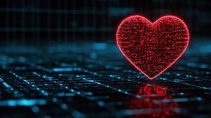 Poster - A glowing red heart shape appears in a digital, grid-like environment, symbolizing love and technology.