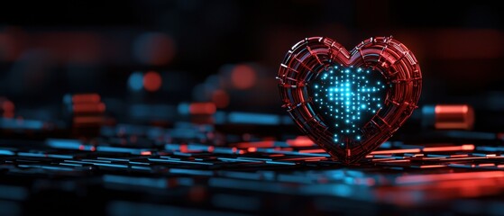 Poster - A glowing heart shape made of digital elements sits on a dark, textured surface, symbolizing technology and emotional connection.