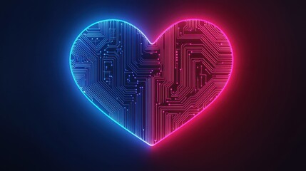 Poster - A glowing heart design with blue and pink neon lights, featuring intricate circuit patterns, symbolizing the fusion of technology and love.