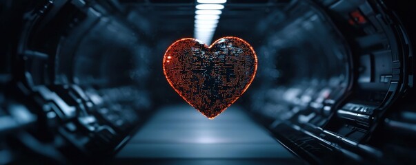 Poster - A glowing, mechanical heart hovers in a futuristic corridor, blending technology with emotion in a dark, sci-fi setting.