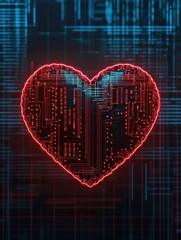 Poster - A digital heart design illuminated in red, featuring intricate circuitry patterns against a blue technology background.