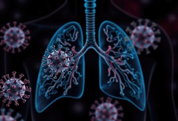 Poster - Human respiratory system affected by HMPV viruses Microscopic view of virus particles attacking lungs