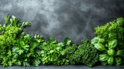 Sticker - Fresh green herbs arranged beautifully on a textured gray surface for culinary use and presentation