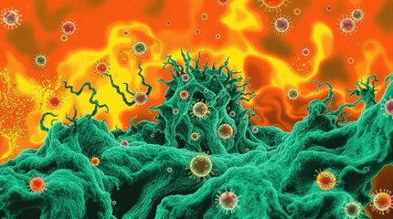 Poster - Microscopic view of HMPV viruses infecting cell medical research