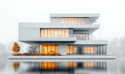 Wall Mural - Modern house, water reflection, autumn trees.