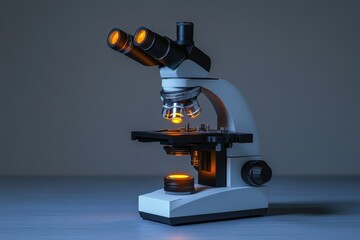 Poster - Advanced microscope resting on a laboratory countertop in dim lighting