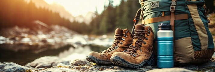 Poster - Explore nature with essential backpacker gear for outdoor adventures near a serene lake at sunset. Generative AI