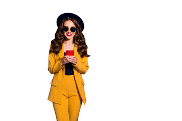 Photo of adorable lady holding hands telephone wear specs yellow costume isolated purple background