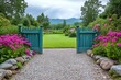 © Maria - An open garden gate surrounded by vibrant pink flowers leading to a lush green field