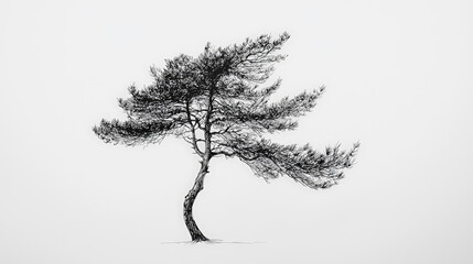 A finely detailed black-and-grey illustration of a pine tree, showcasing meticulous realism in its design. Generative AI
