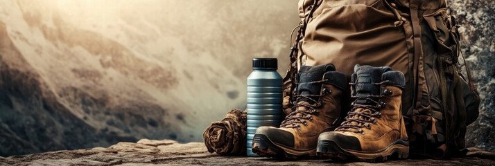 Aufkleber - Backpacking gear on rocky terrain with ample space for adding text and design elements in an outdoor adventure setting. Generative AI