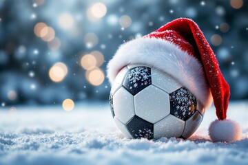 Poster - Soccer ball with festive Santa hat on snowy surface, glowing bokeh lights in background.