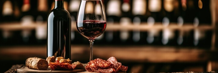 Poster - Elegant wine cellar with vintage bottles and a tasting table featuring red wine and charcuterie board. Generative AI