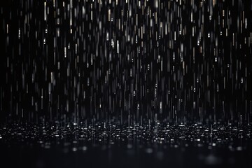 Poster - Close-up of falling raindrops with reflections on a dark background.