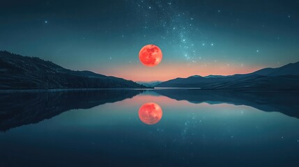 Poster - Serene lake view with the reflection of a glowing red moon, framed by distant hills and a starry sky