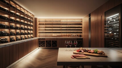 Poster - Elegant wine cellar featuring vintage bottles and a charcuterie board inviting a tasting experience. Generative AI