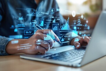 Poster - Digital analytics concept with futuristic graphs and charts overlayed on a laptop screen in a light background.